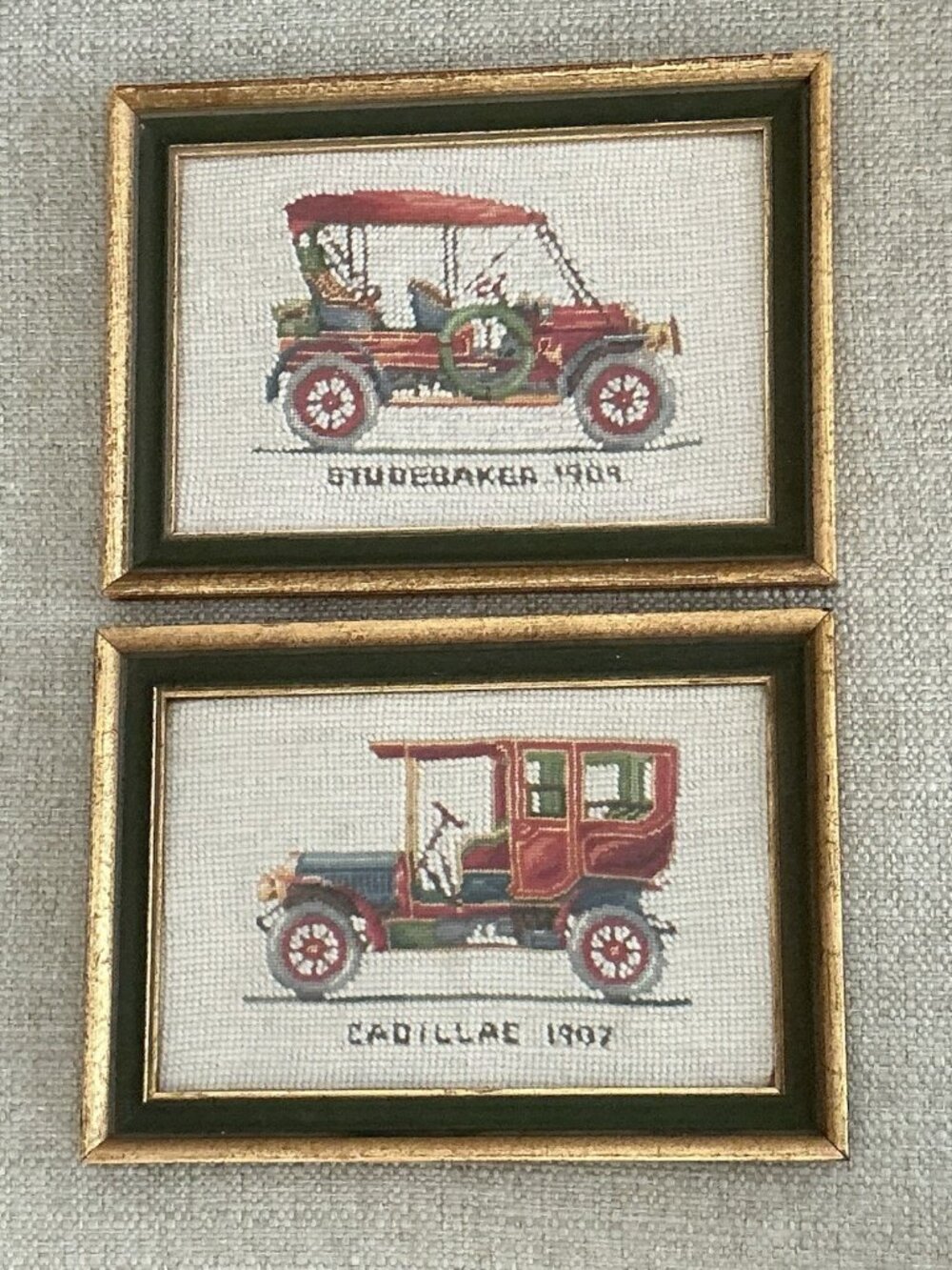 Pair Vintage Framed Needlepoint Antique Cars Studebaker & Cadillac 10.5x7.5 - Picture 1 of 7
